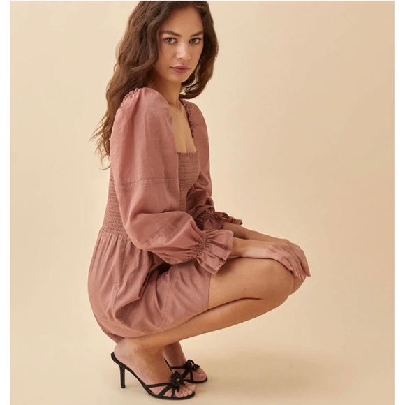 NEW Reformation Dunes Puff Sleeve Dress in Praline - Picture 2 of 8